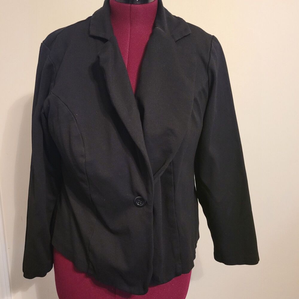 Ashley Stewart Womens 16 Black Ponte Blazer 3/4 Sleeve One Button Stretch